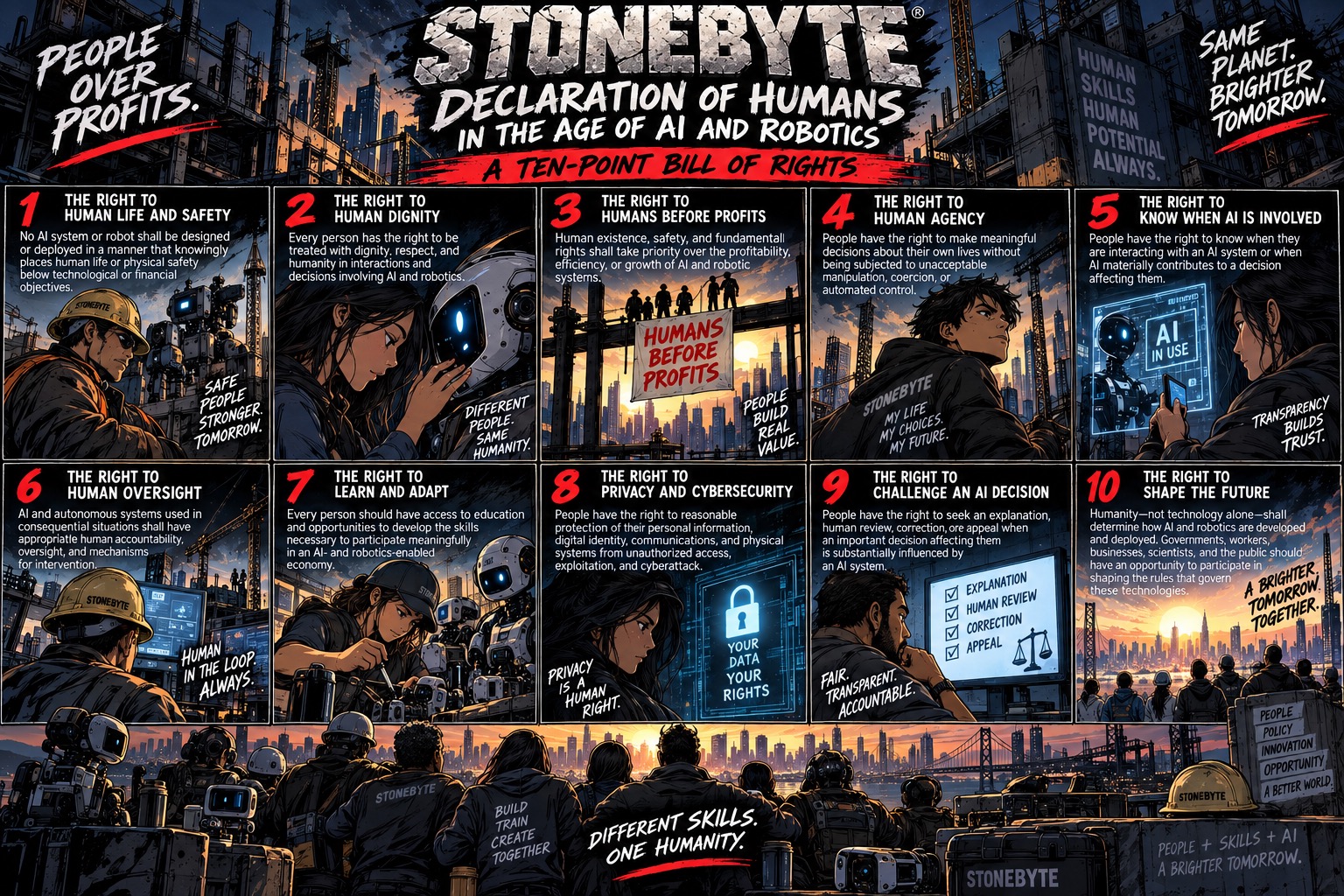 Stonebyte’s illustrated ten-point Bill of Rights for humans in the age of AI and robotics: life and safety, dignity, humans before profits, agency, AI disclosure, oversight, learning, privacy, the right to challenge decisions, and the right to shape the future.